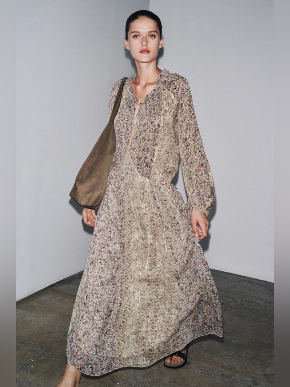 Zara Beige Floral Maxi Dress
